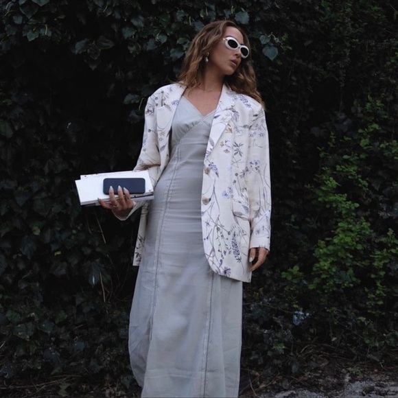 ❗️Last❗️H&M Beige Floral Print Linen Blend Oversized Blazer